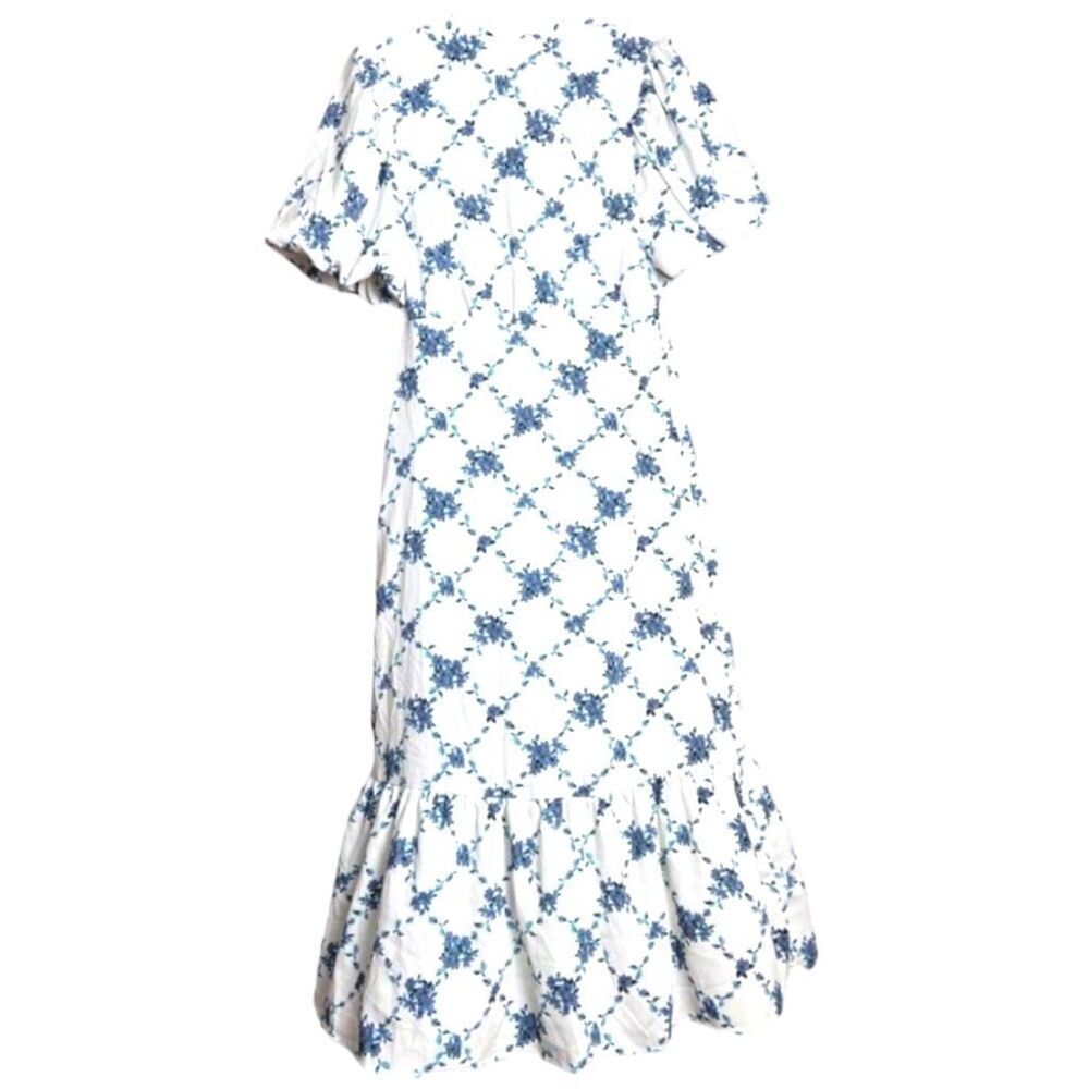 VERO MODA Puff Sleeve Midi Ruffle High Neck Tea Dress Floral in White Large NWT